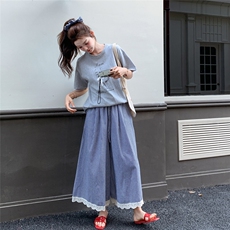 灰色格子花边阔腿裤两件套时尚套装女高腰显瘦一整套，女装套装/套裙，2C166