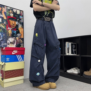 2025夏季新款直筒工装裤男女美式宽松花花刺绣伞兵裤KZ0126-P70图片