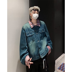红格纹拼接牛仔外套男春秋vintage美式街头潮牌宽松情侣夹克N1238，男装夹克，星座506