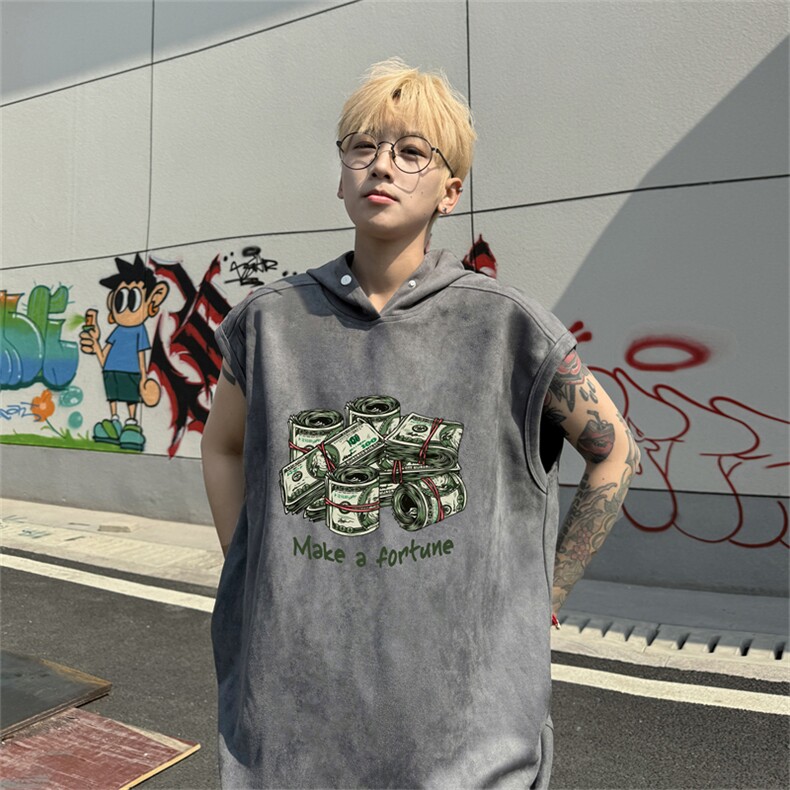 麂皮绒连帽背心坎肩男T恤美式港风JLB457-P30控48,男装T恤,电商B370