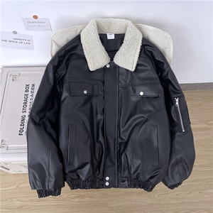 翻领毛领拼接美式复古棉服外套女冬季新款百搭pu夹棉皮衣图片