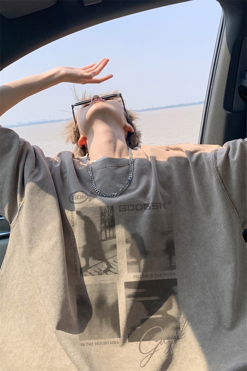 外景重磅水洗夏季复古做旧短袖T恤男宽松情侣打底体恤SX00110/P35,男装T恤,电商B316