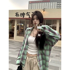 TC591-P45美式复古撞色格纹长袖衬衫男女宽松百搭口袋衬衣潮，女装衬衫，星座617A-2