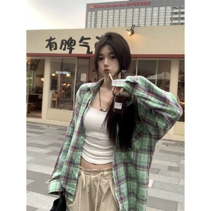 TC591-P45美式复古撞色格纹长袖衬衫男女宽松百搭口袋衬衣潮图片