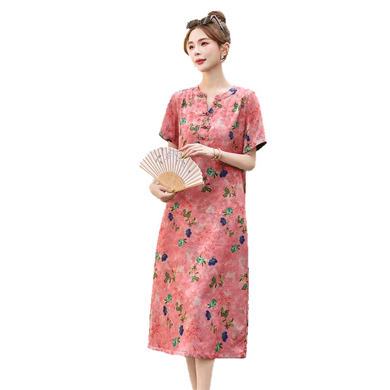2025夏季新款时尚印花连衣裙女款高级感气质大码V领短袖中长裙,女装连衣裙,罗得堡