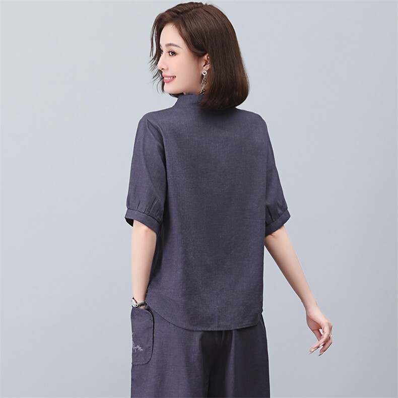 亚麻衬衫女短袖2023年新款夏季刺绣衬衣v领小衫妈妈气质苎麻上衣,女装T恤,忆绮罗