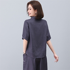 亚麻衬衫女短袖2023年新款夏季刺绣衬衣v领小衫妈妈气质苎麻上衣，女装T恤，忆绮罗