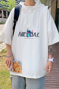 LD54173-P45 连帽短袖t恤男大码胖子带帽五分袖中袖图片