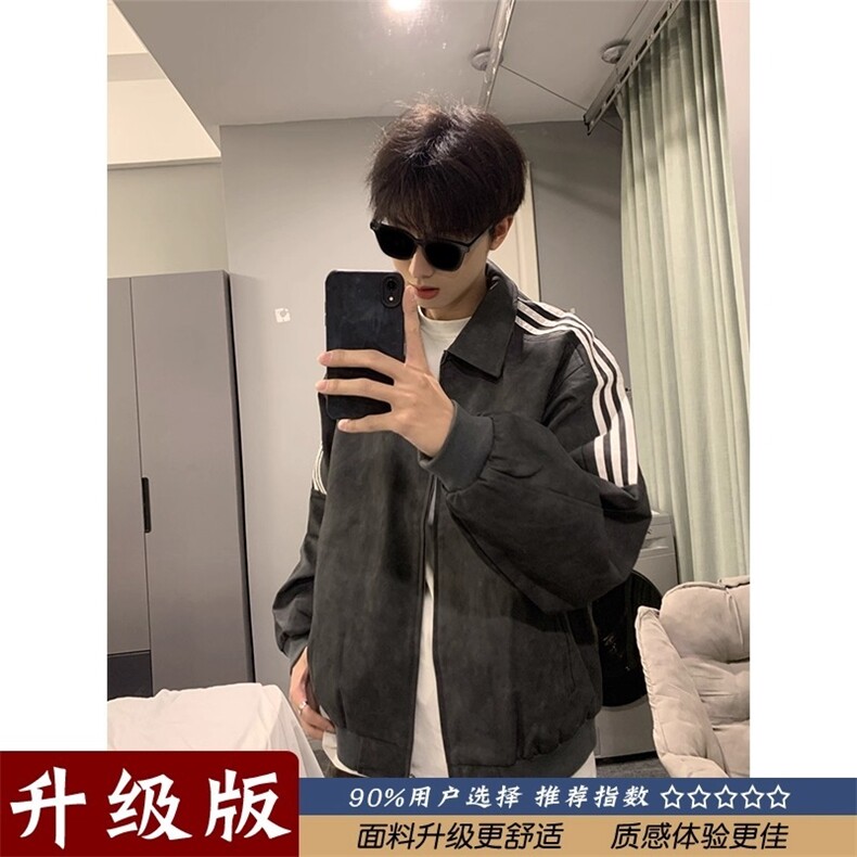 有货DHT116-批55美式条纹pu皮衣夹克潮男春秋三条杠图片