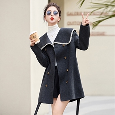 2024冬季新款海军领减龄气质中长款系腰带显瘦羊毛外套，女装双面呢大衣，乐吉娜