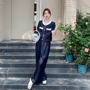 蓝色短袖牛仔套装女2025夏季新款今年流行穿搭一整套装长裤两件套图片