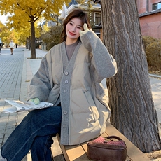 现货：冬装新款时尚设计款毛呢拼色羽绒服2C135-5011P275K418，女装羽绒服，2C135