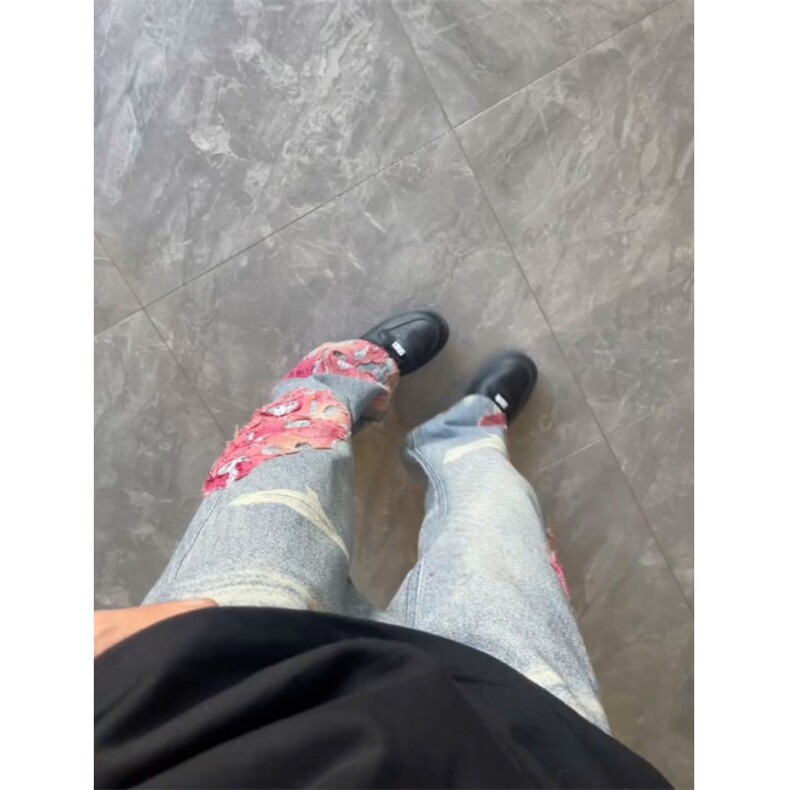 【网图】蕾丝拼接微喇牛仔裤直筒美式高街hiphop裤子NZK14LL-P65,男装牛仔裤,星座1007（原301D）