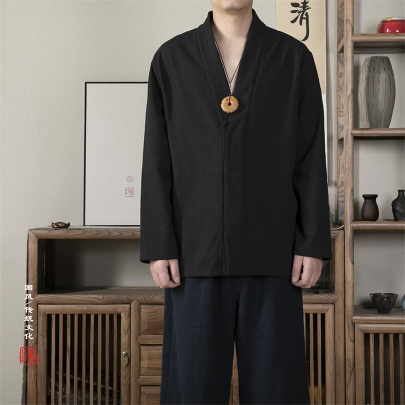 2025秋冬新款风男装棉麻加绒加厚男士汉服领长袖衬衫C012P85,男装衬衫,钱塘802