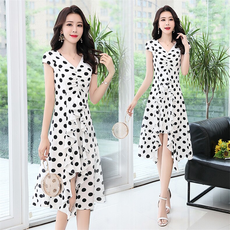 连衣裙圆点套头V领中长款显瘦舒适简约2021年夏季短袖，女装连衣裙，阿菲诺依