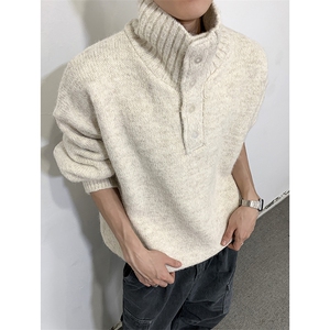 800克韩版Polo可翻高领加厚针织衫男冬季慵懒风套头打底纽扣毛衣