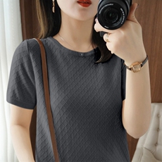 2025夏季新款女士纯棉圆领镂空针织衫短袖T恤宽松显瘦，女装针织衫/毛衣，品高羊绒