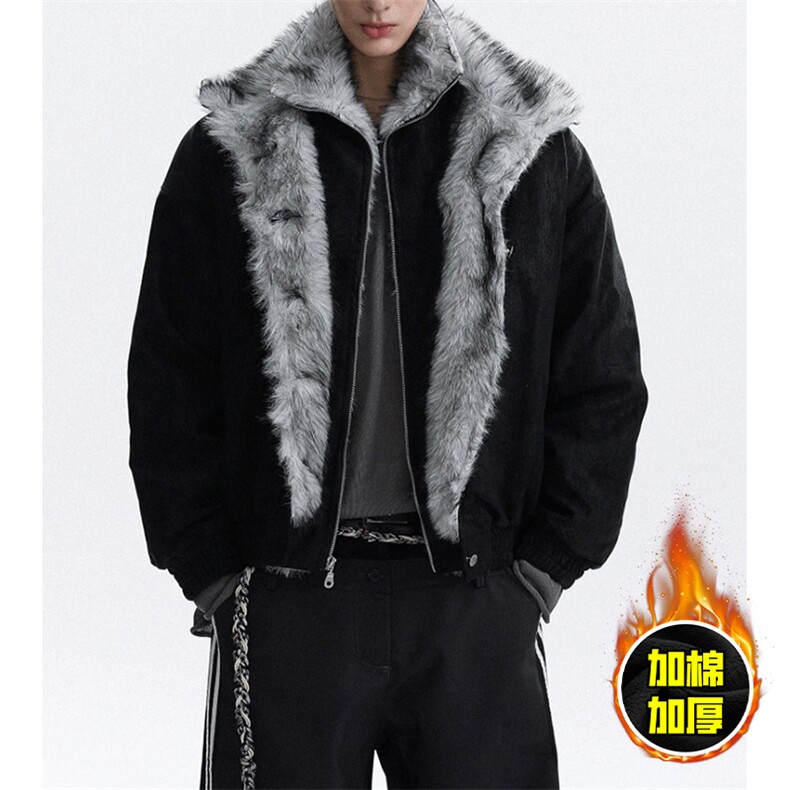 现货高品质美式高街重磅狼王座山雕毛毛领假两件棉衣加厚棉服外套，男装棉衣，电商A486