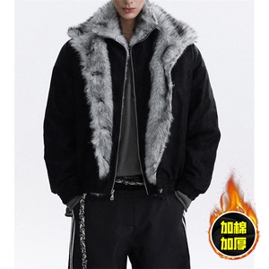 现货高品质美式高街重磅狼王座山雕毛毛领假两件棉衣加厚棉服外套,男装棉衣,电商A486