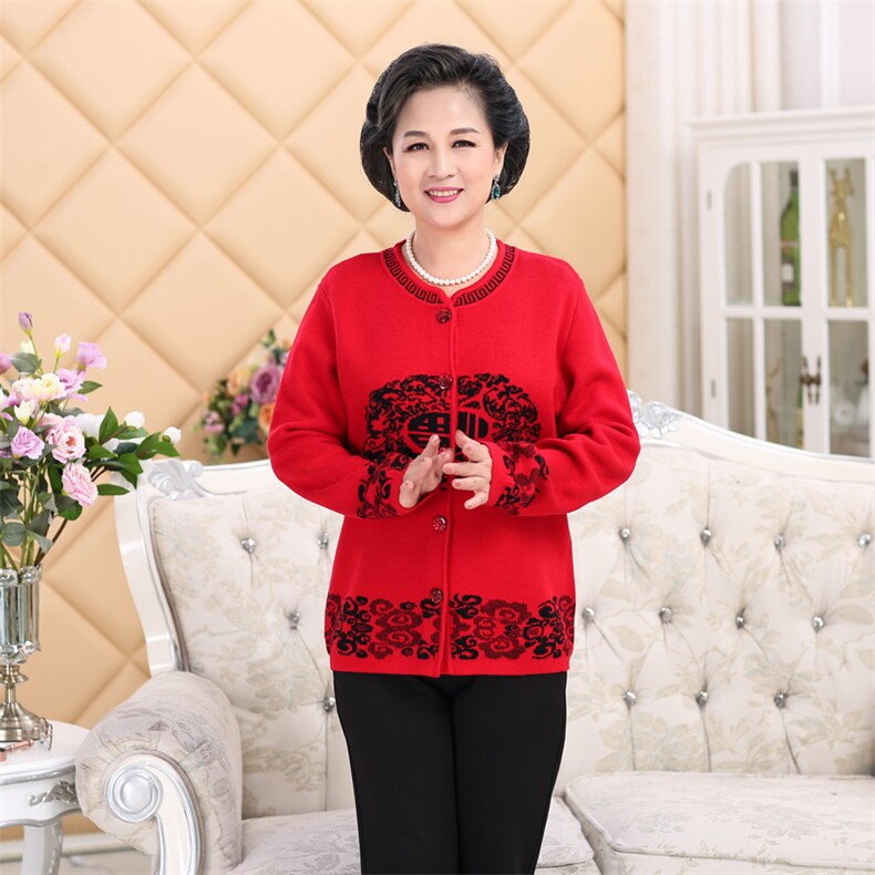 中老年人唐装女士福字本命年红色毛衣妈妈装羊毛衫加厚毛衣大码,女装中老年女装,亚东羊绒制品