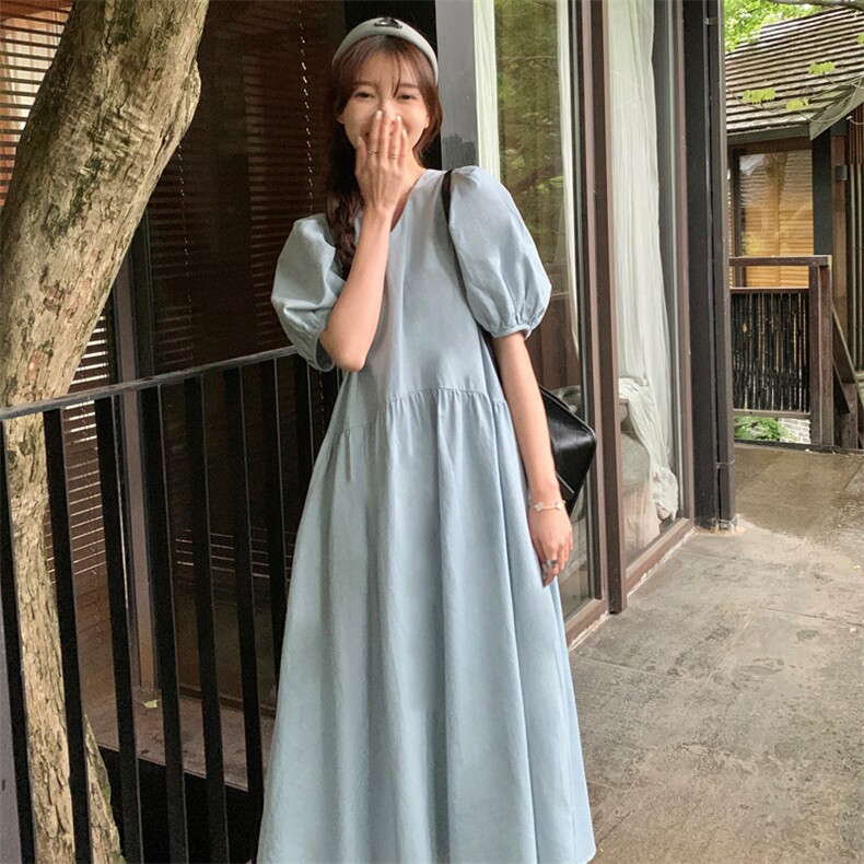 浅蓝色泡泡袖v领连衣裙女2024夏季新款法式简约气质宽松过膝长裙,女装连衣裙,浙宝192（原082）