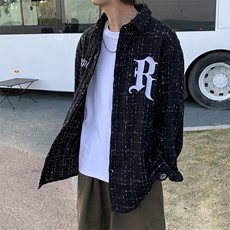 欧美字母刺绣格子长袖衬衫男女ins高街痞帅高级感宽松外套JY19-45，男装衬衫，星座1008-2