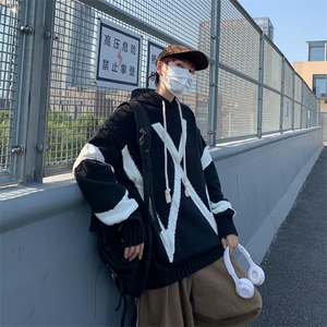 美式高街毛衣男卫衣连帽潮牌秋高级感慵懒宽松潮牌复古针织衫外套图片