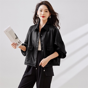 2023年皮衣外套女2023新款短款春秋港风复古宽松pu机车小皮夹克款图片