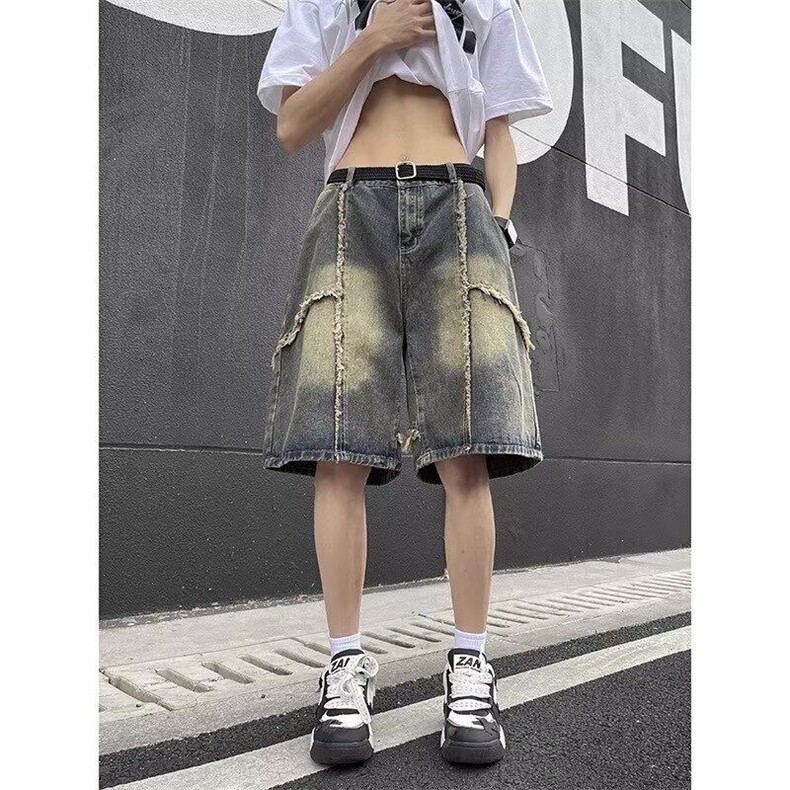 毛边泥黄色牛仔短裤男夏季水洗做旧过膝马裤美式高街复古五分裤子,男装牛仔裤,星座218-1（原230）