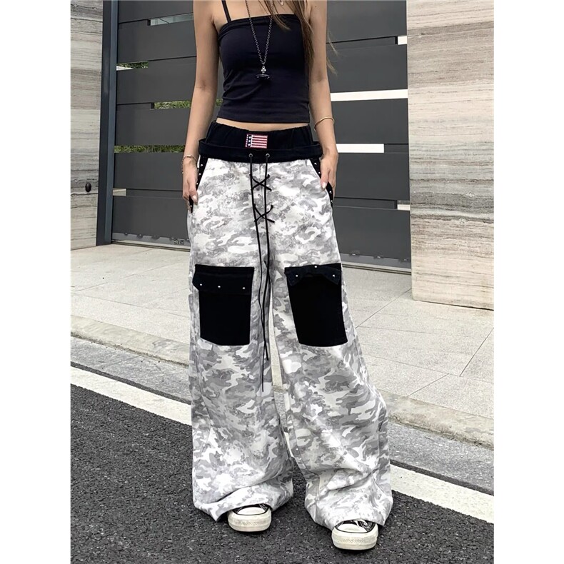 撞色双腰头多口袋设计感迷彩牛仔裤女痞帅阔腿拖地长裤AM1034P77，男装牛仔裤，星座1013-5