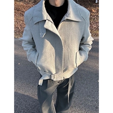 浅灰色绑带正肩夹克男款秋冬潮牌短款毛呢外套W6907-P77，男装夹克，星座412-3