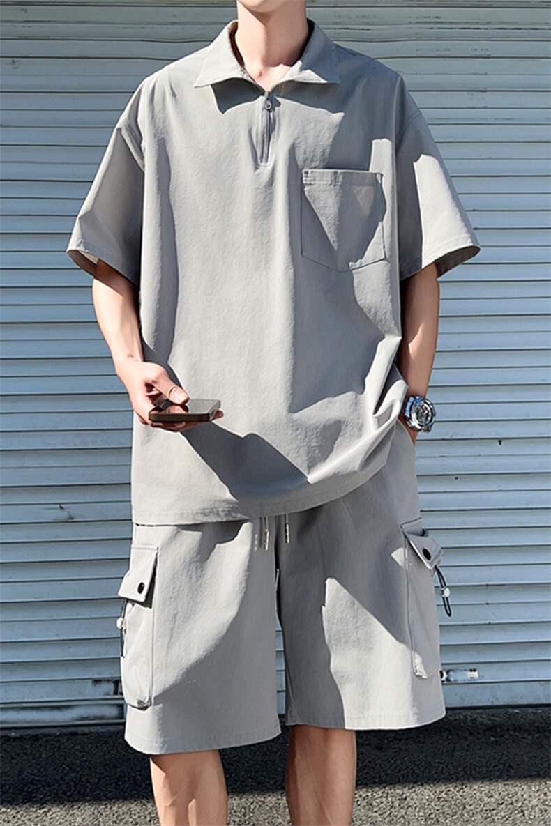 109-TZ012-特批65夏季新款翻领短袖T恤工装短裤休闲套装,男装休闲套装,星座109