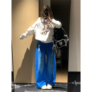 【现货】D5323-特批43美式复古水洗渐变蓝色阔腿抽绳男女运动裤潮图片