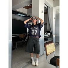 夏季藏青色87大网眼球衣美式街头复古印花球服短袖t恤男女夏季，男装T恤，星座506A