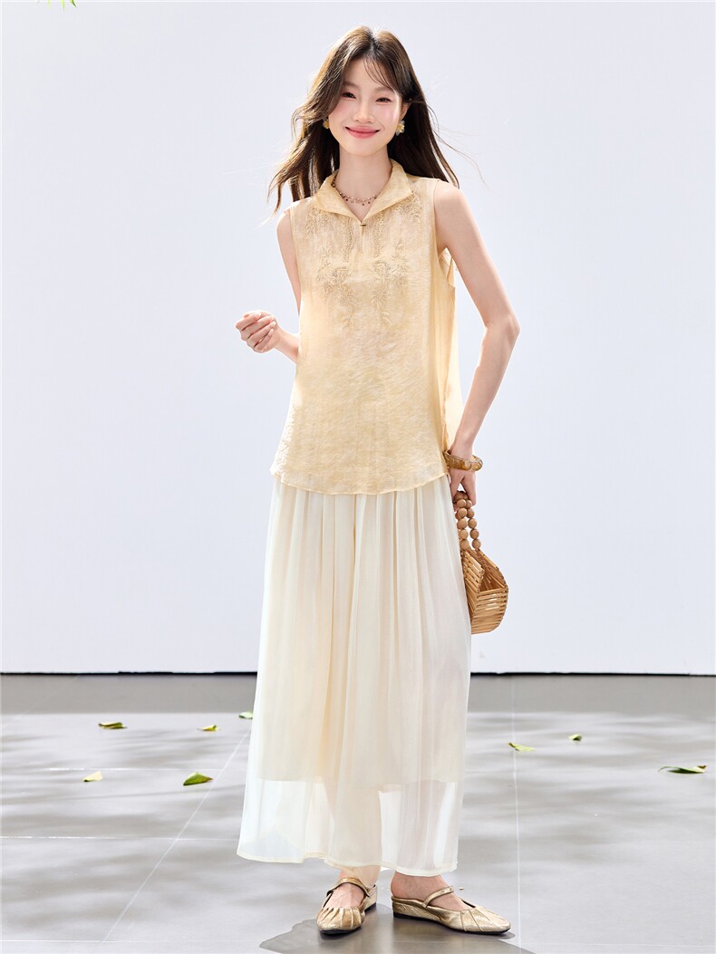 夏季新款现货！2026洋气时尚百搭款刺绣上衣+琉璃亮光阔腿裤套装,女装套装/套裙,宝儿家