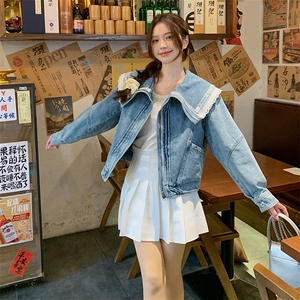港风甜美蕾丝拼接牛仔外套女小个子2025春季新款短款钉珠翻领上衣,个子小的人怎样搭配衣服好看吗图片