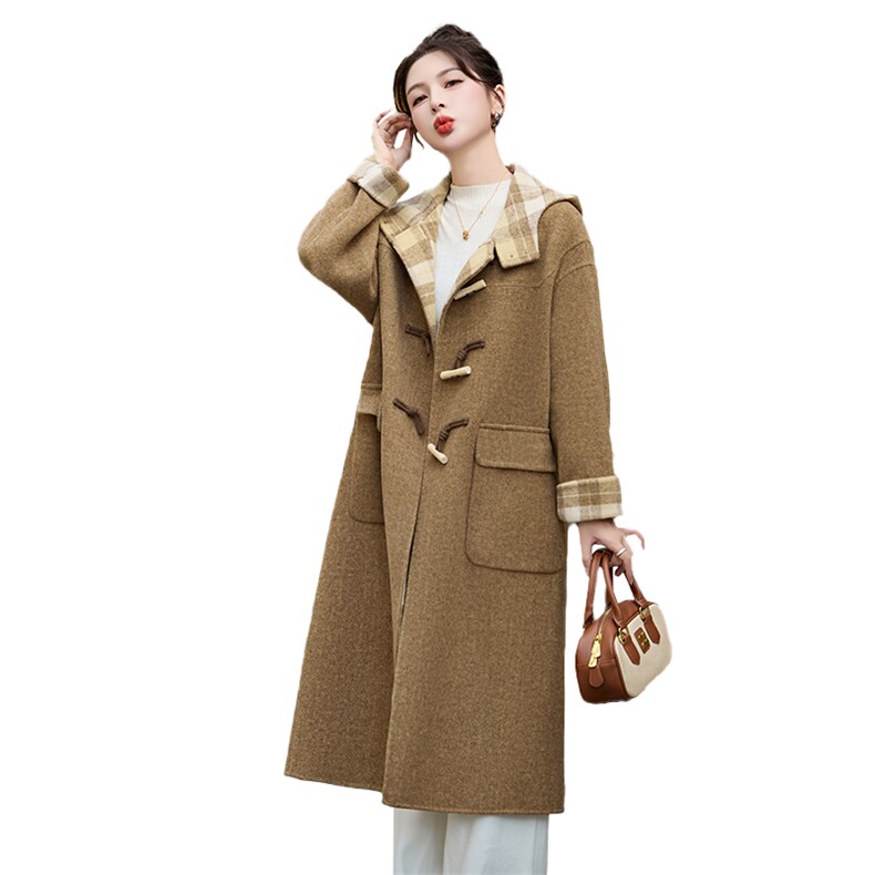格纹拼接双面呢羊绒大衣女中长款2025秋冬连帽牛角扣减龄毛呢外套,女装双面呢大衣,采品优优