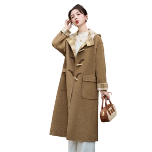 格纹拼接双面呢羊绒大衣女中长款2025秋冬连帽牛角扣减龄毛呢外套图片