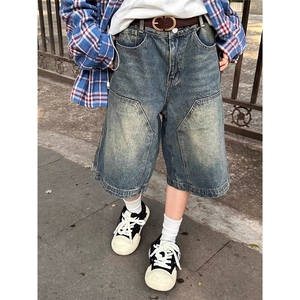 美式复古做旧水洗牛仔七分裤男女夏季高级感宽松阔腿休闲 N709图片