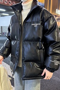 新款立领pu皮印花棉衣男秋冬季加厚面包服外套保暖棉服MY613-P115图片
