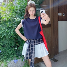 蕾丝拼接藏青色格子连衣裙女夏2025新款学院风少女感俏皮减龄爆款，女装连衣裙，2C058