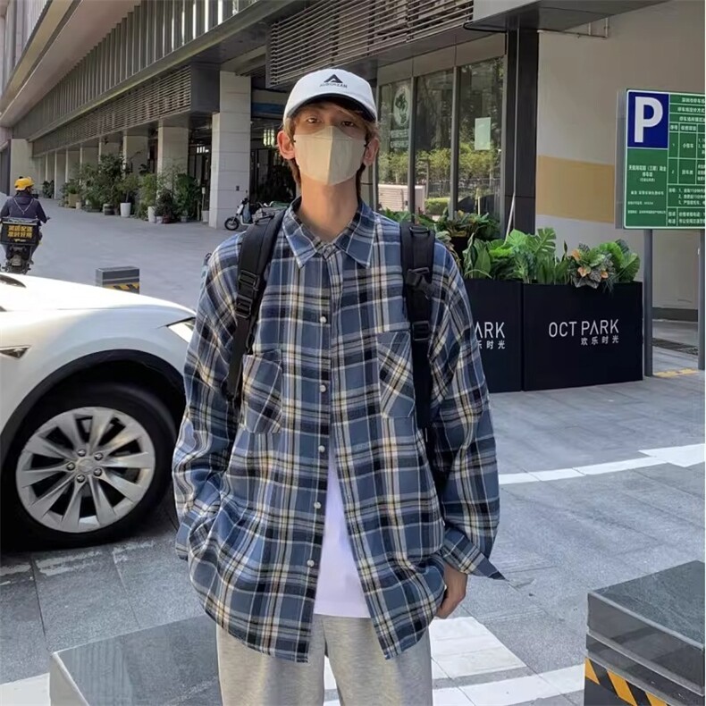 美式复古格子衬衫男秋季新款cleanfit长袖防晒衬衣高级感初秋外套，男装防晒衣，星座506A