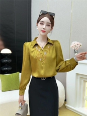 刺绣衬衣领手抓缎长袖衬衫女早秋高级感小众通勤职业气质上衣，女装衬衫，思沃羊绒