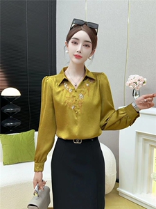 刺绣衬衣领手抓缎长袖衬衫女早秋高级感小众通勤职业气质上衣图片