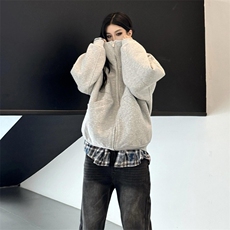 抖音得物高品质26春装美式高街重磅宽松结构高领连帽卫衣外套W60，女装短外套，电商A486