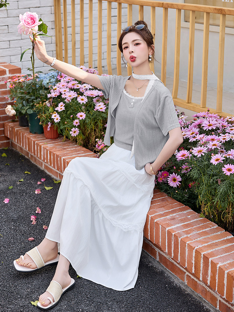 官方时尚套装女2025年夏季新款吊带开衫白色半身裙三件套,女装套装/套裙,韩美纤衣