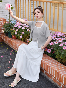 官方时尚套装女2025年夏季新款吊带开衫白色半身裙三件套图片