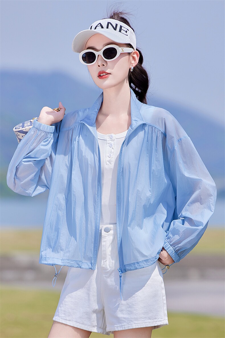时尚蓝色短款女轻薄小外套夏季新款连帽旅行户外透气长袖薄短外套,女装防晒衣,靓衣阁