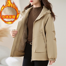 卡其色工装派克服棉服女2025冬季新款小个子宽松连帽加绒加厚外套，女装棉衣/棉服，慕咨