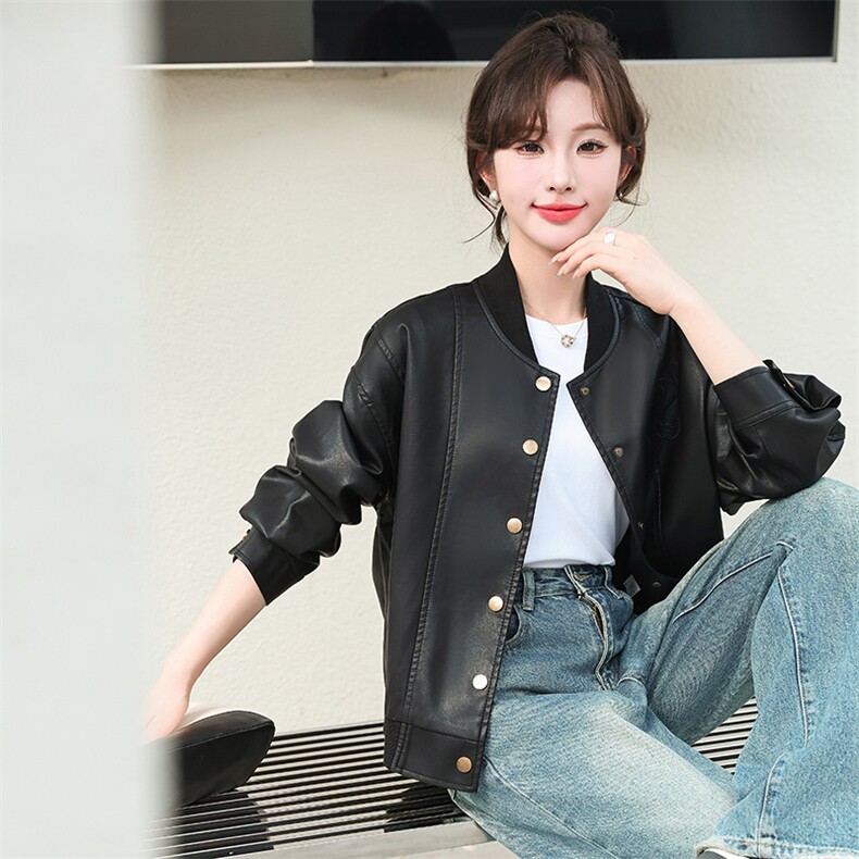 黑色皮衣夹克女2024春秋新款休闲港风复古高级感小个子棒球服外套,女装皮衣,跑量工厂店